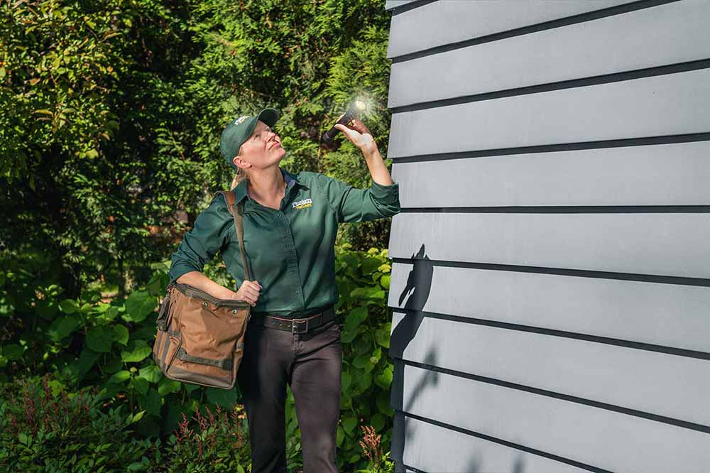 Female Technician Inspecting Home Exterior